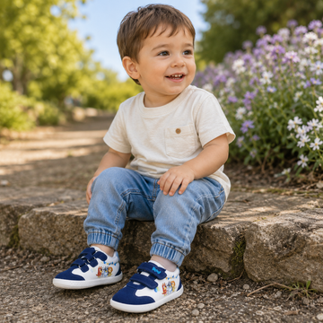 Boy wearing Garvalin x Bluey Barefoot First Shoes - Blue.