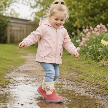 Girl wearing Mikk-Line Kids Barefoot Wellingtons - Retro Flower.