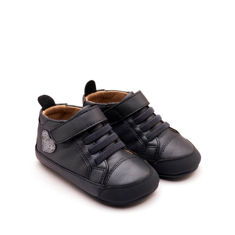 Pair of Old Soles Heartie Boots - Navy, outer side and front view.