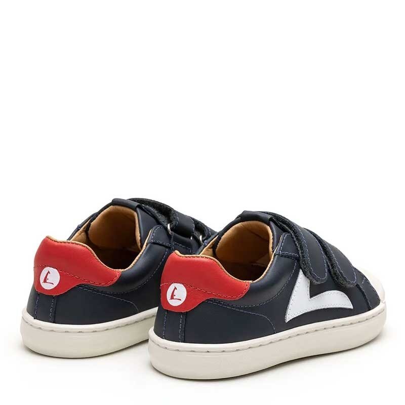 Pair of Tip Toey Joey Kids Trainers Hopper - Navy, angled view showing rear and outer side view.