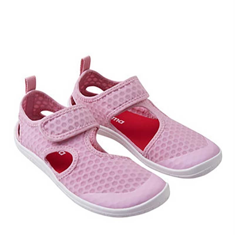 Pair of Reima Kids Water Sandals Rantaan - Light Heather, angled view showing outer and inner side and front.