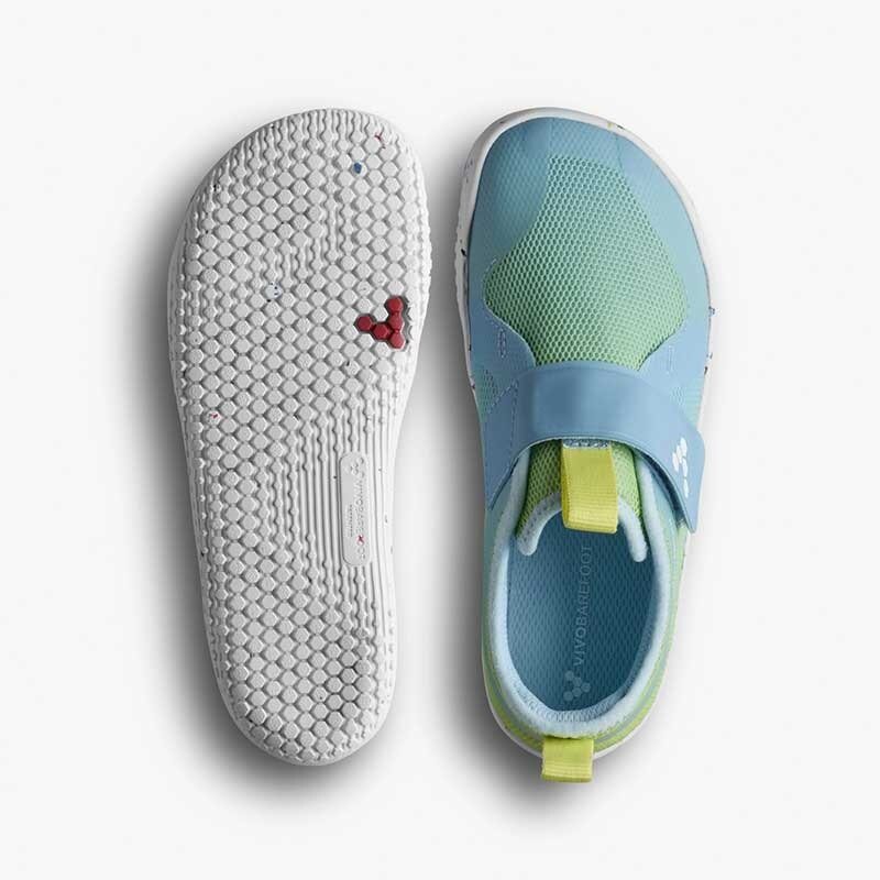Pair of Vivobarefoot Kids Trainers Primus Sport IV - Skyway, one showing the sole view and the other showing the top view.