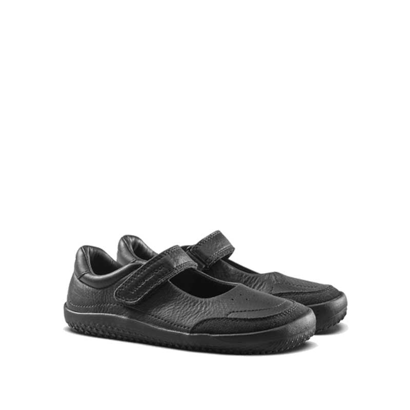 Pair of Vivobarefoot Kids Gobi Bar School Shoes - Obsidian, angled view showing the outer side and front.