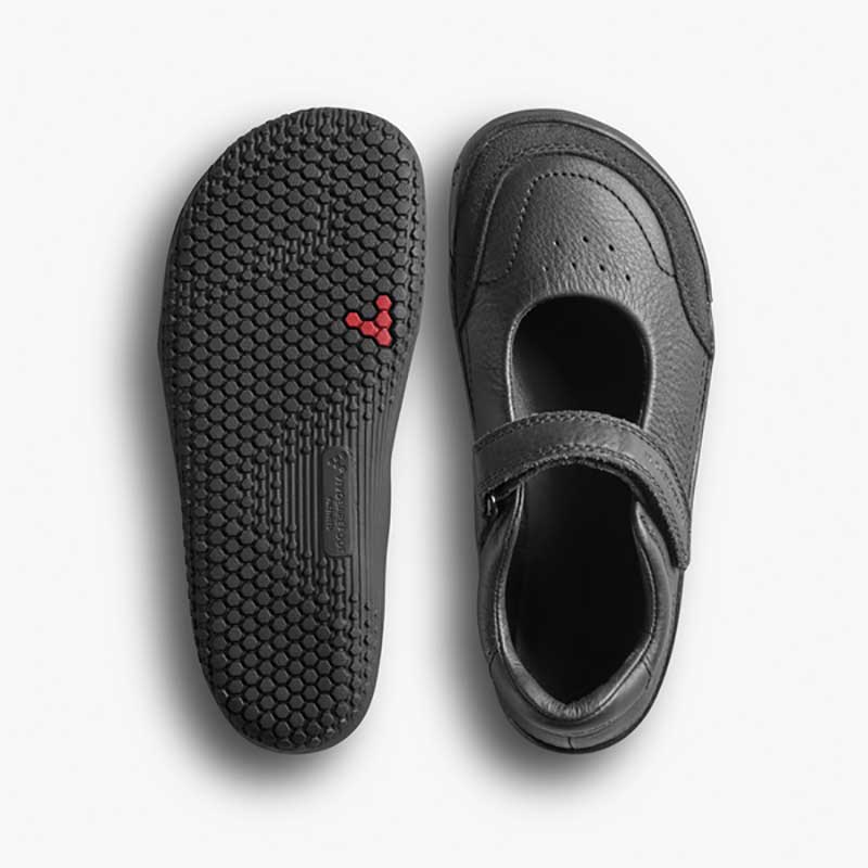 Pair of Vivobarefoot Kids Gobi Bar School Shoes - Obsidian, one showing the sole view and the other showing the top view.