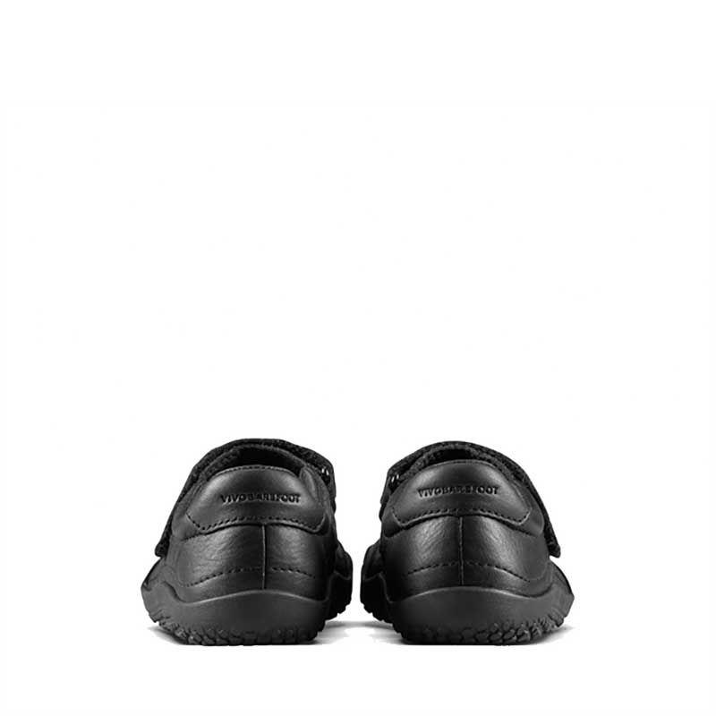 Pair of Vivobarefoot Kids Gobi Bar School Shoes - Obsidian, rear view.