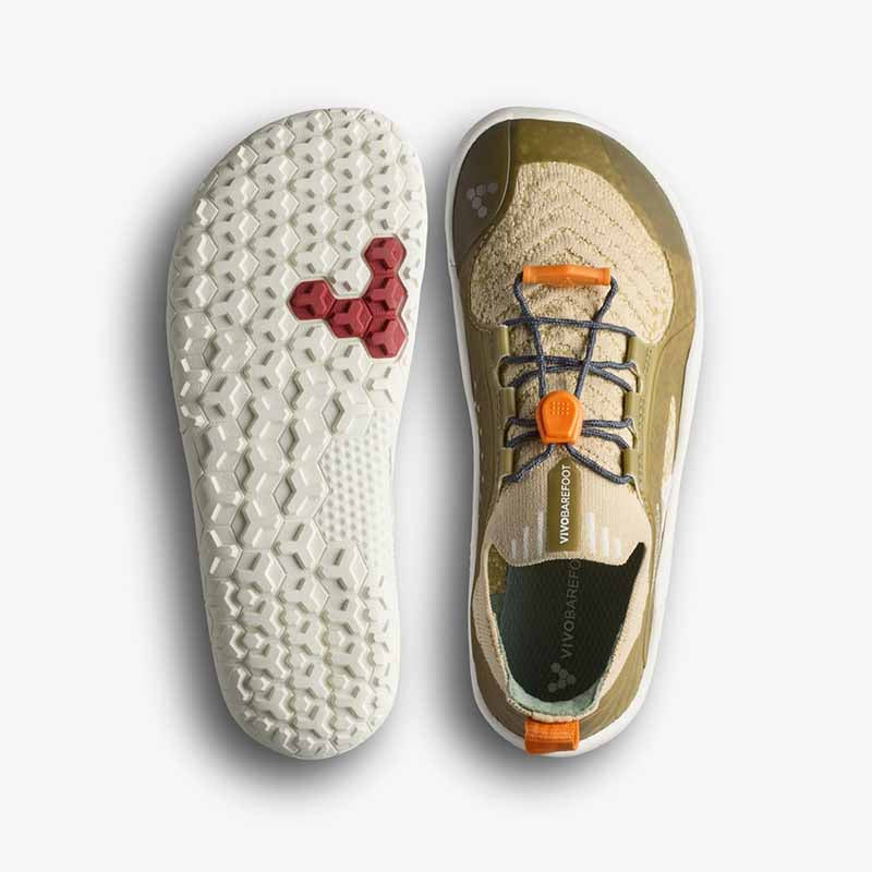 Pair of Vivobarefoot Kids Trainers Primus Trail Knit - Peyote, one showing the sole view and the other showing the top view.