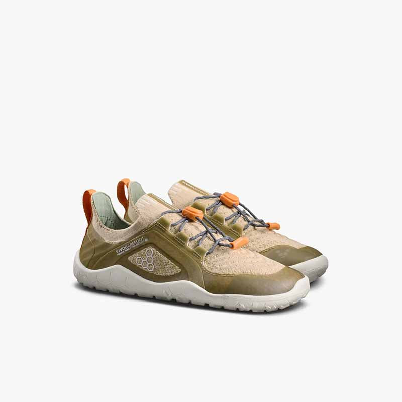 Pair of Vivobarefoot Kids Trainers Primus Trail Knit - Peyote, angled view showing outer side and front.