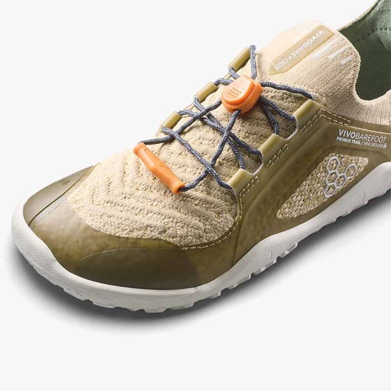 Vivobarefoot Kids Trainer Primus Trail Knit - Peyote, close up of toe box.