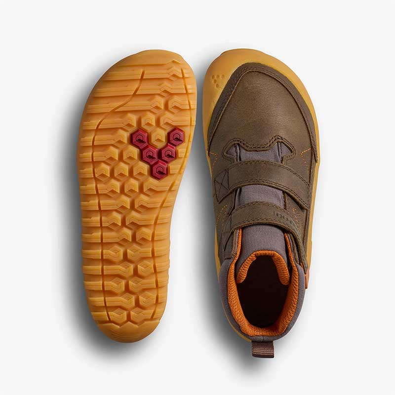 Pair of Vivobarefoot Kids Walking Boots Tracker AT - Bracken, one showing the sole view and the other showing the top view.
