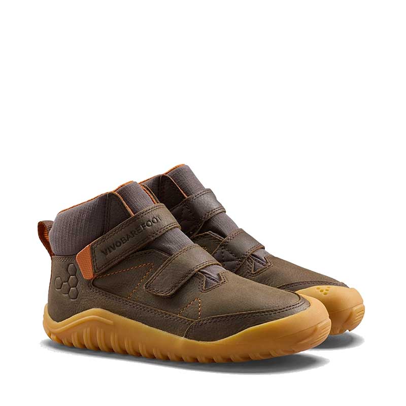 Pair of Vivobarefoot Kids Walking Boots Tracker AT - Bracken, angled view showing the outer side and front.