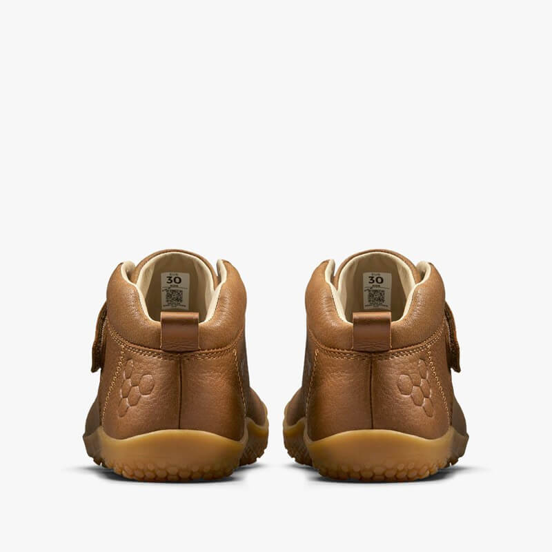 Pair of Vivobarefoot Kids Boots Ludo Hi Winterised - Acorn, rear view.