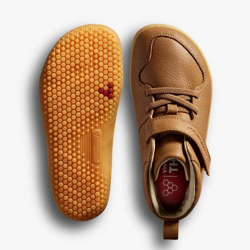 Pair fo Vivobarefoot Kids Boots Ludo Hi Winterised - Acorn, one showing the sole and the other showing the top view.