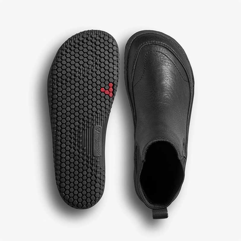 Pair of Vivobarefoot Kids Chelsea Boots Gobi - Obsidian, one showing the sole view and the other showing the top view.