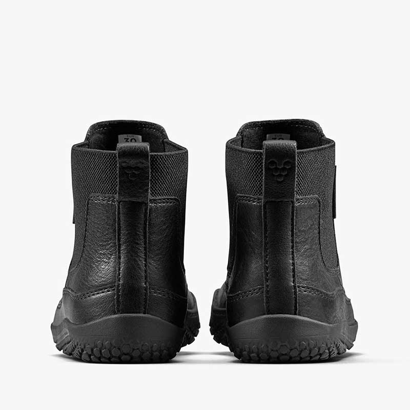 Pair of Vivobarefoot Kids Chelsea Boots Gobi - Obsidian, rear view.
