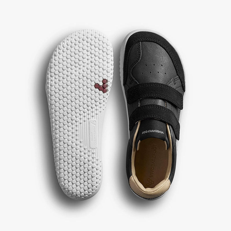 Pair of Vivobarefoot Kids Trainers Gobi - Obsidian, one showing the sole view and the other showing the top view.
