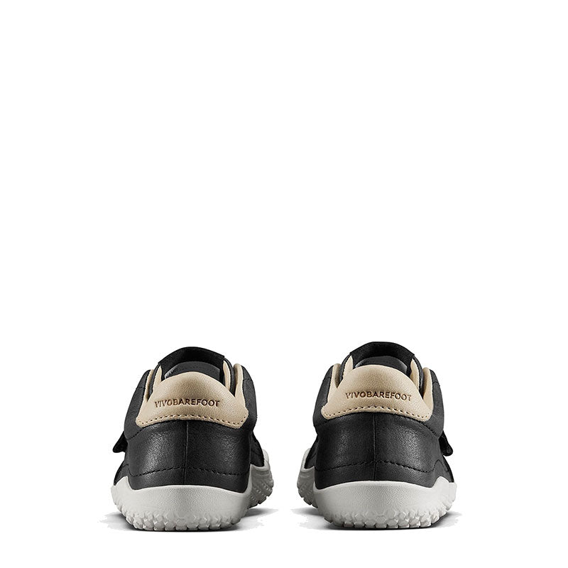 Pair of Vivobarefoot Kids Trainers Gobi - Obsidian, rear view.