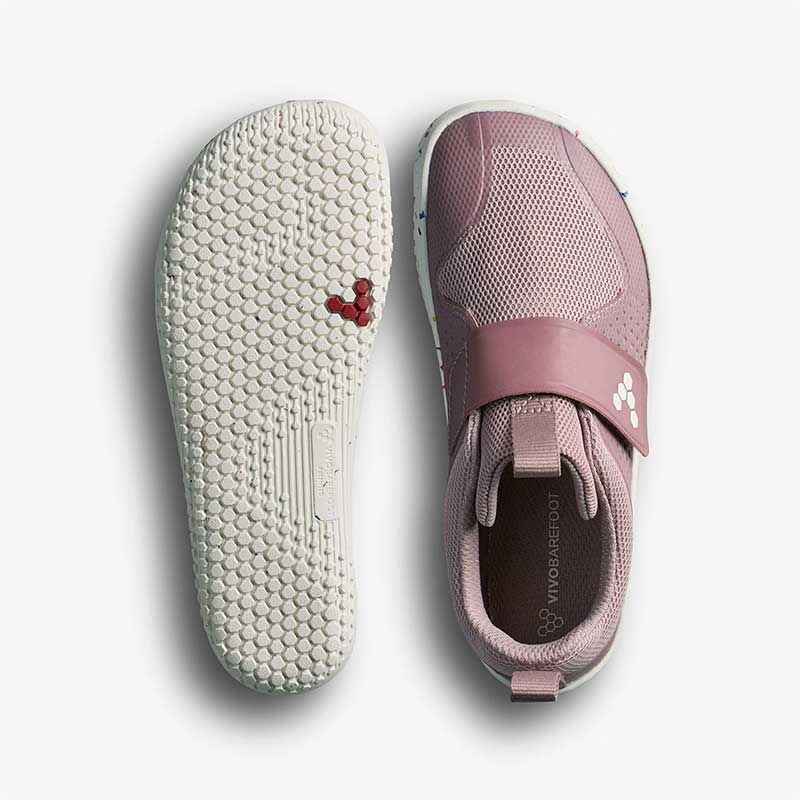 Pair of Vivobarefoot Kids Trainers Primus III - Twilight Mauve, one showing the sole view and the other showing the top view.