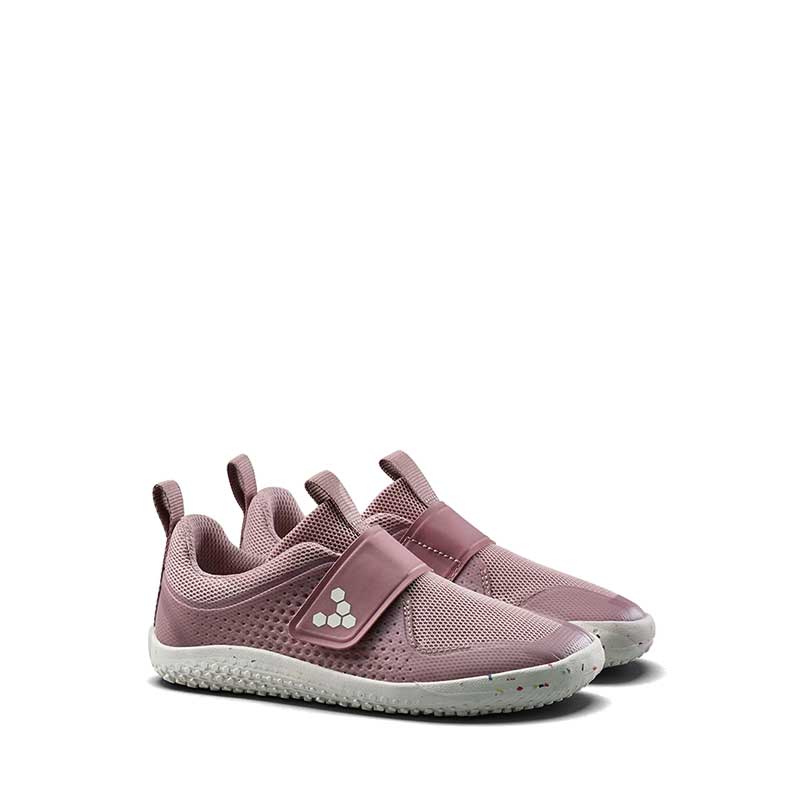 Pair of Vivobarefoot Kids Trainers Primus III - Twilight Mauve, angled view showing outer side and front.
