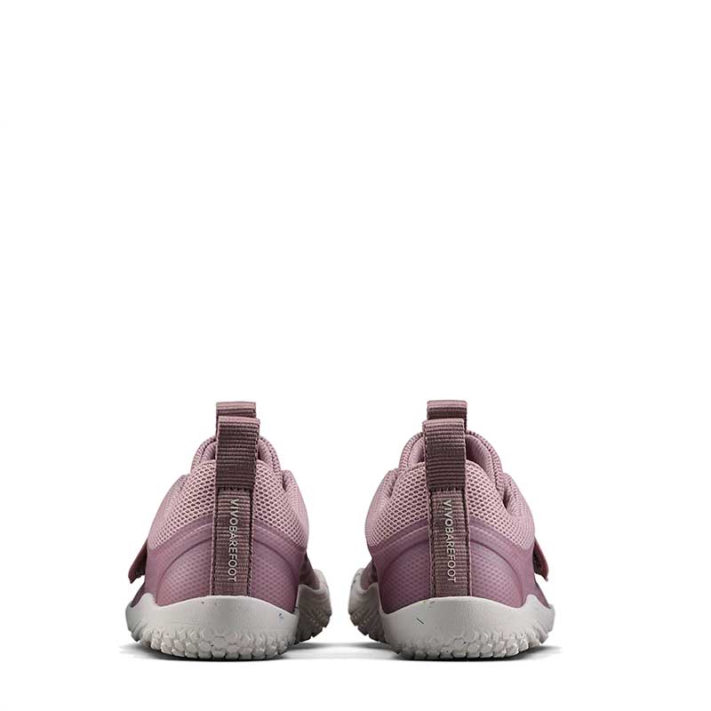 Pair of Vivobarefoot Kids Trainers Primus III - Twilight Mauve, rear view.