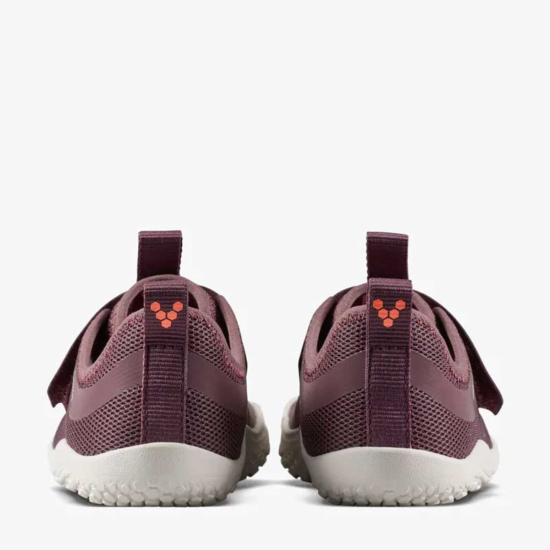 Pair of Vivobarefoot Kids Trainers Primus Sport IV - Huckleberry, rear view.