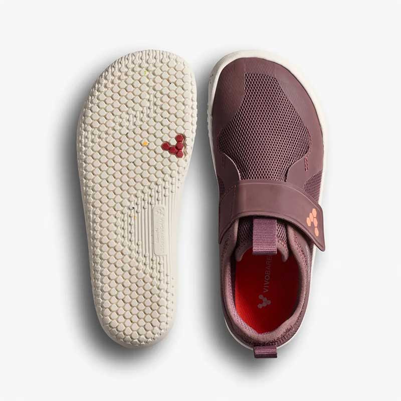 Pair of Vivobarefoot Kids Trainers Primus Sport IV - Huckleberry, one showing the sole view and the other showing the top view.
