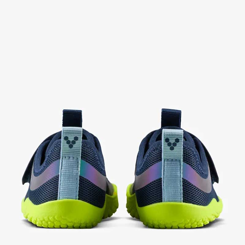 Pair of Vivobarefoot Kids Trainers Primus Sport IV - Night Sky, rear view.
