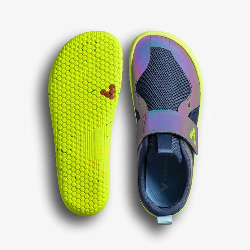 Pair of Vivobarefoot Kids Trainers Primus Sport IV - Night Sky, one showing the sole view and the other showing the top view.
