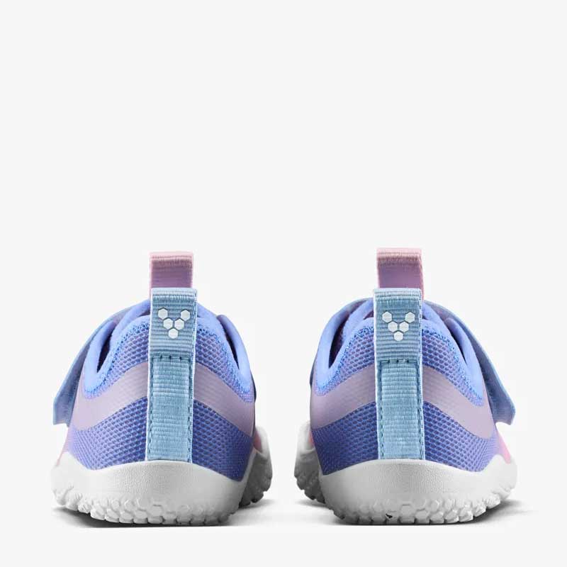 Pair of Vivobarefoot Kids Trainers Primus Sport IV - Unicorn, rear view.
