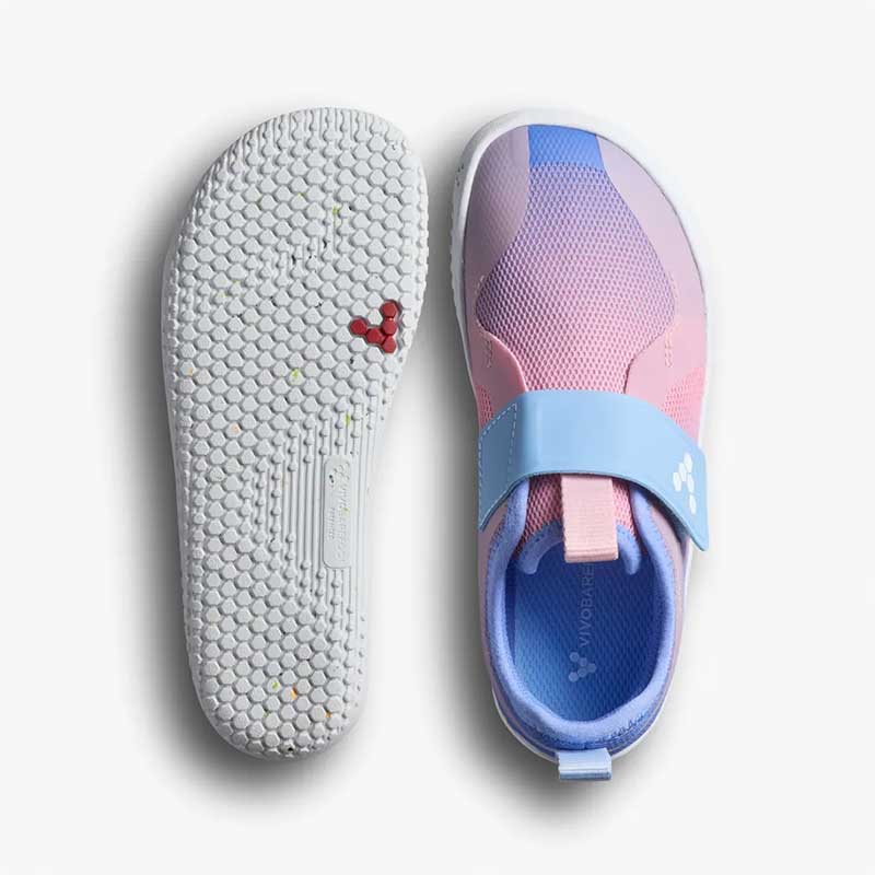 Pair of Vivobarefoot Kids Trainers Primus Sport IV - Unicorn, one showing the sole view and the other showing the top view.