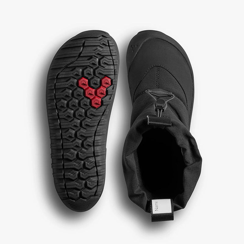 Pair of Vivobarefoot Kids Tracker Boots AT - Obsidian, one showing the sole view and the other showing the top view.