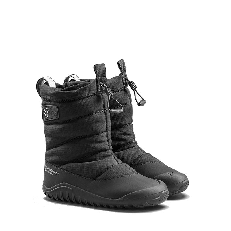 Pair of Vivobarefoot Kids Tracker Boots AT - Obsidian, angled view showing the outer side and front.