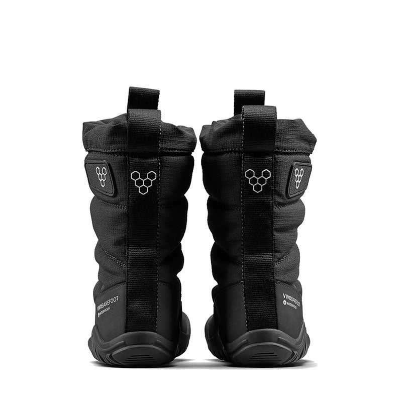Pair of Vivobarefoot Kids Tracker Boots AT - Obsidian, rear view.