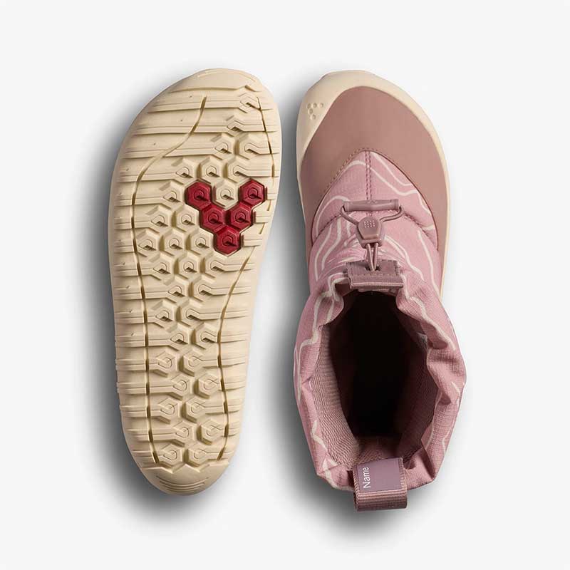 Pair of Vivobarefoot Kids Tracker Boots AT - Twilight Mauve, one showing the sole view and the other showing the top view.