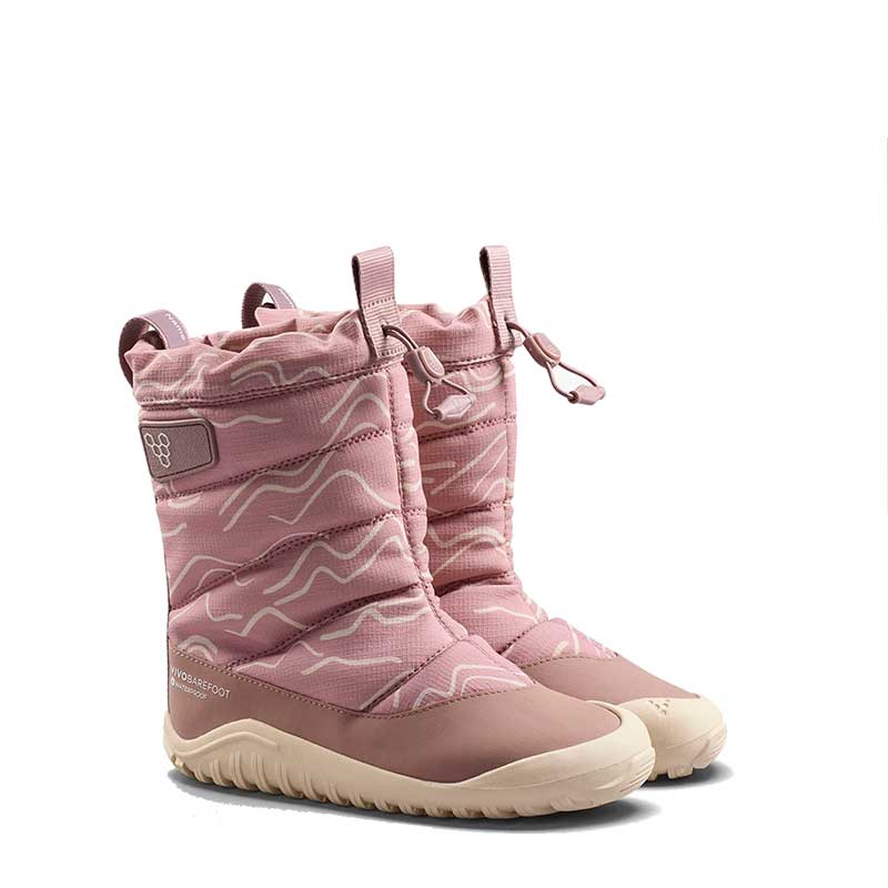 Pair of Vivobarefoot Kids Tracker Boots AT - Twilight Mauve, angled view showing the outer sole and front.