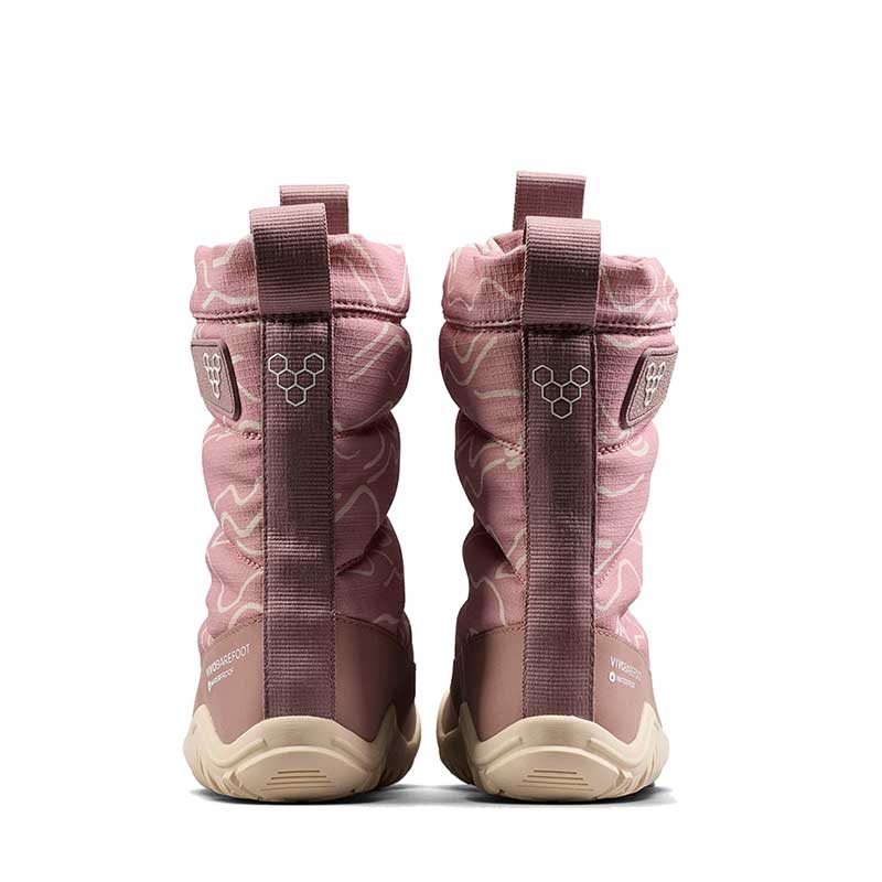Pair of Vivobarefoot Kids Tracker Boots AT - Twilight Mauve, rear view.