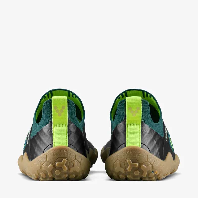 Pair of Vivobarefoot Kids Trainers Primus Trail Knit - Lemon Zest, rear view.