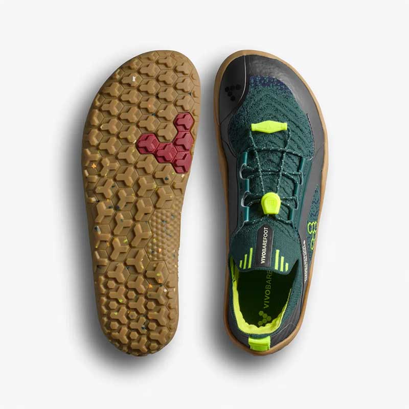 Pair of Vivobarefoot Kids Trainers Primus Trail Knit - Lemon Zest, one showing the sole view and the other showing the top view.