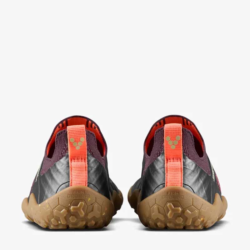Pair of Vivobarefoot Kids Trainers Primus Trail Knit - Huckleberry, rear view.