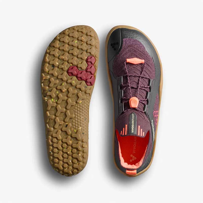 Pair of Vivobarefoot Kids Trainers Primus Trail Knit - Huckleberry, one showing the sole view and the other showing the top view.
