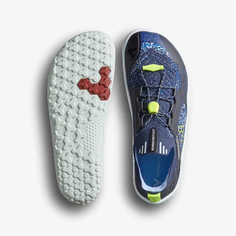 Pair of Vivobarefoot Kids Trainers Primus Trail Knit - Night Sky, one showing the sole view and the other showing the top view.