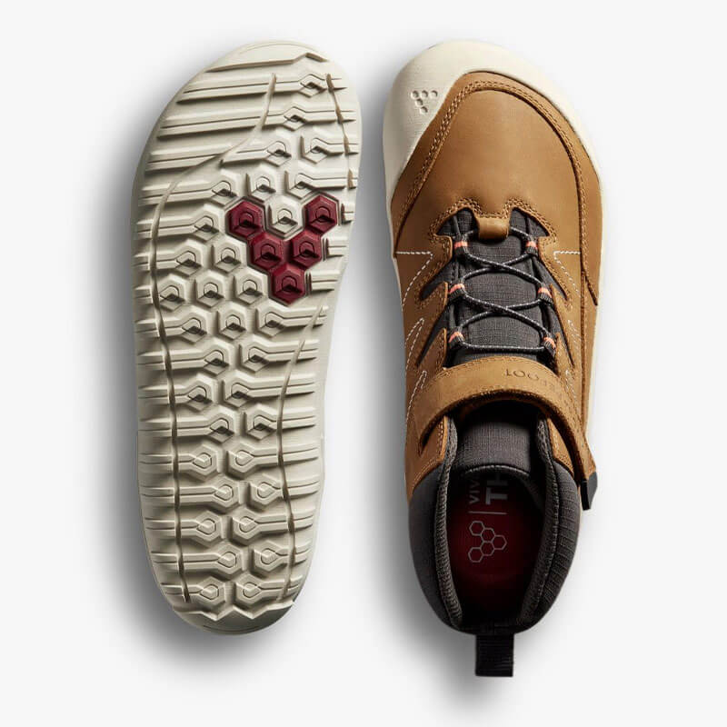 Pair of Vivobarefoot Junior Walking Boots Tracker AT - Acorn, one showing the sole view and the other showing the top view.
