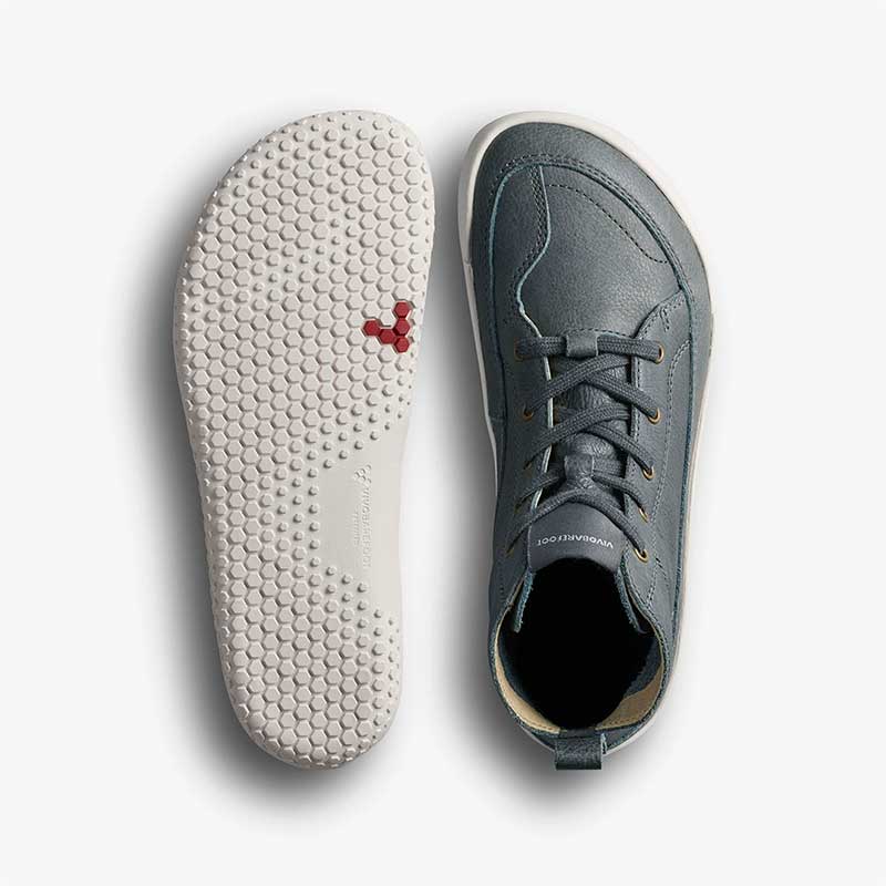 Pair of Vivobarefoot Junior Boots Gobi - Dark Shadow, one showing the sole view and the other showing the top view.