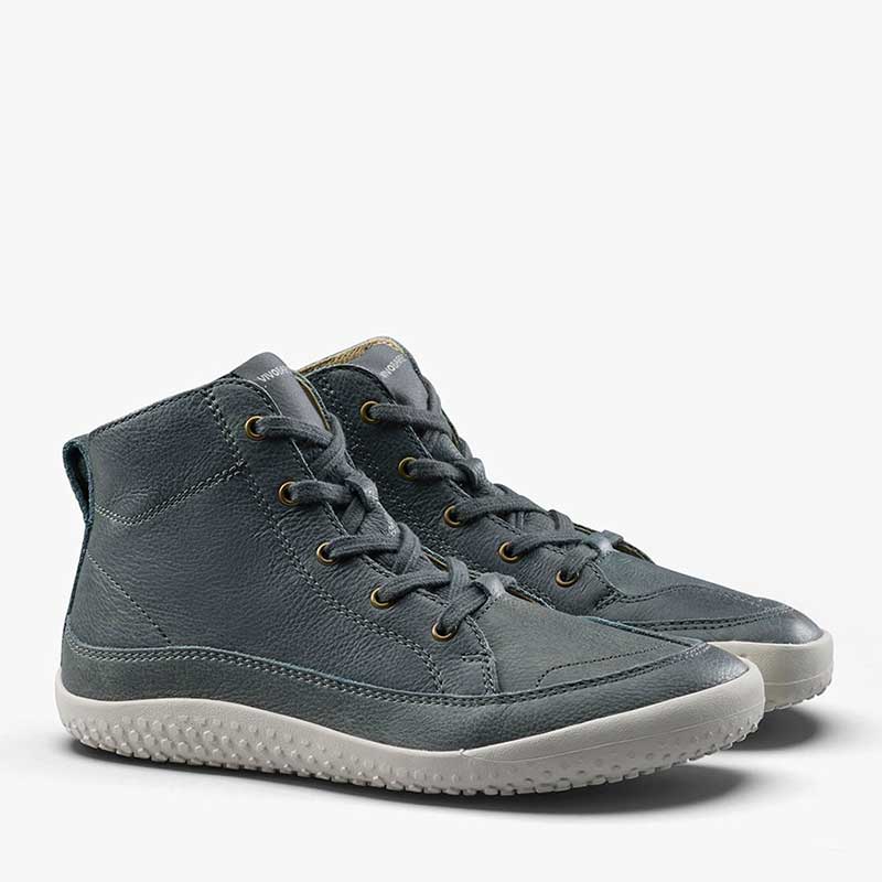Pair of Vivobarefoot Junior Boots Gobi - Dark Shadow, angled view showing outer side and front.