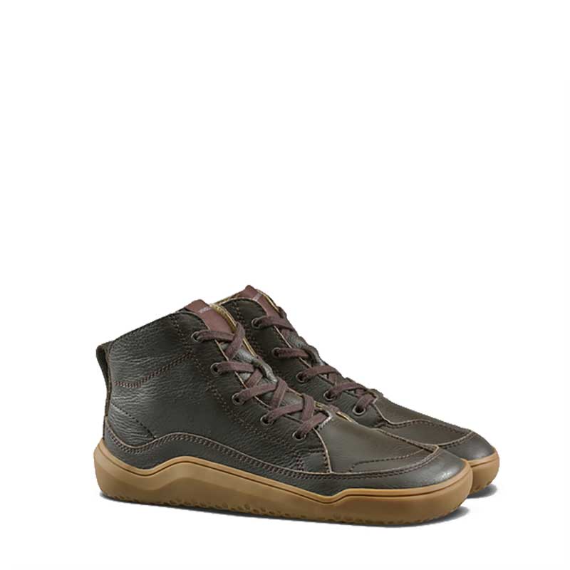 Pair of Vivobarefoot Junior Boots Gobi - Bracken, angled view showing outer side and front.