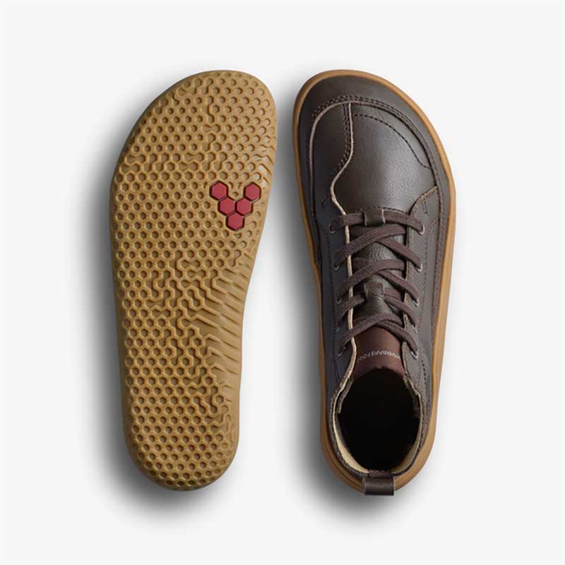 Pair of Vivobarefoot Junior Boots Gobi - Bracken, one showing the sole view and the other showing the top view.