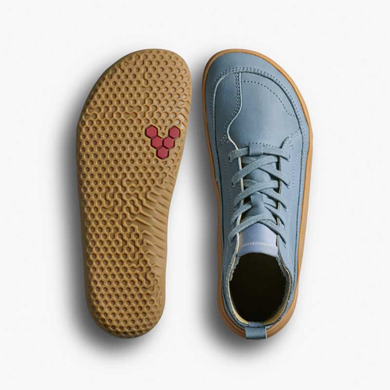 Pair of Vivobarefoot Junior Boots Gobi - Indigo, one showing the sole view and the other showing the top view.