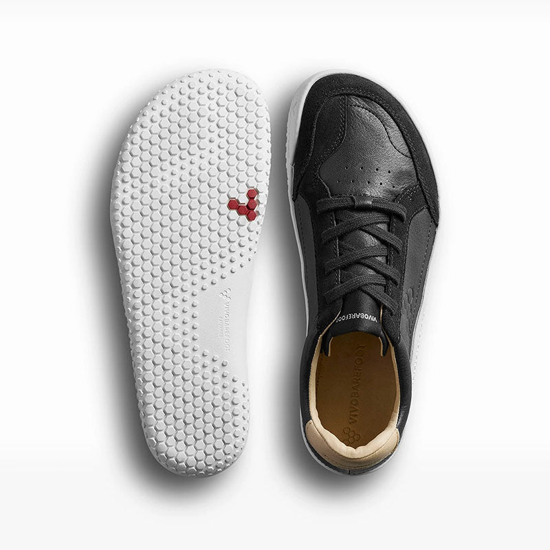 Pair of Vivobarefoot Junior Trainers Gobi - Obsidian, one showing the sole view and the other showing the top view.