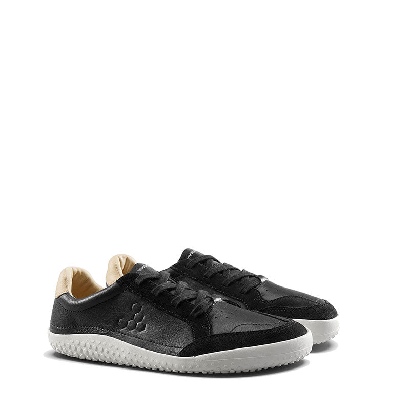 Pair of Vivobarefoot Junior Trainers Gobi - Obsidian, angled view showing outer side and front.