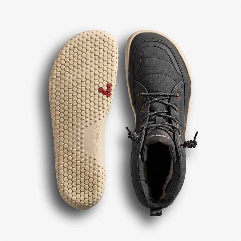 Pair of Vivobarefoot Junior Boots Gobi Hiber - Bristol Black, one showing the sole view and the other showing the top view.