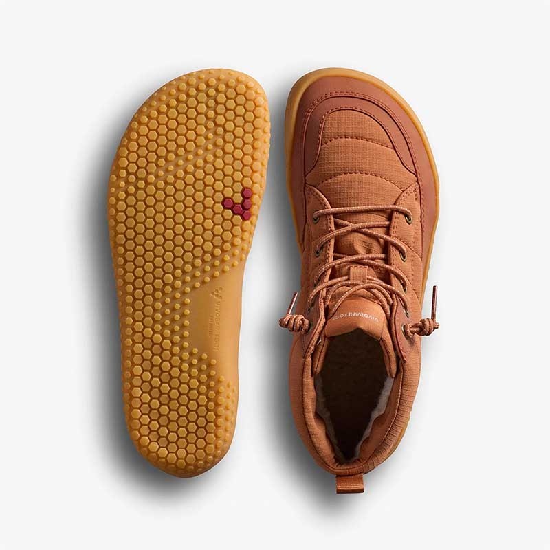Pair of Vivobarefoot Junior Boots Gobi Hiber - Umber, one showing the sole view and the other showing the top view.